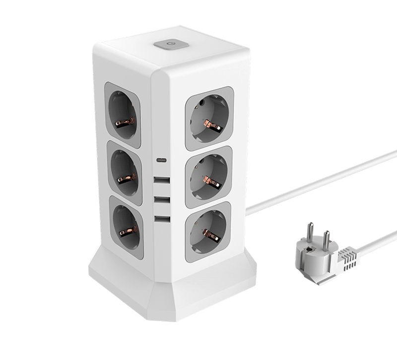 E11 مشترك طاقة سلكي متعدد الوظائف مع 12 منفذًا على الطراز الأوروبي، و3 منافذ USB-A، ومنفذ USB-C، مع مفتاح