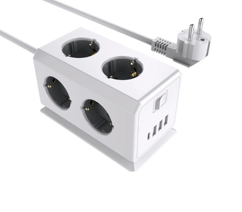 E08 مشترك كهرباء سلكي متعدد الوظائف مع 6 منافذ على الطراز الأوروبي، 3 منافذ USB-A، ومنفذ USB-C، مع مفتاح