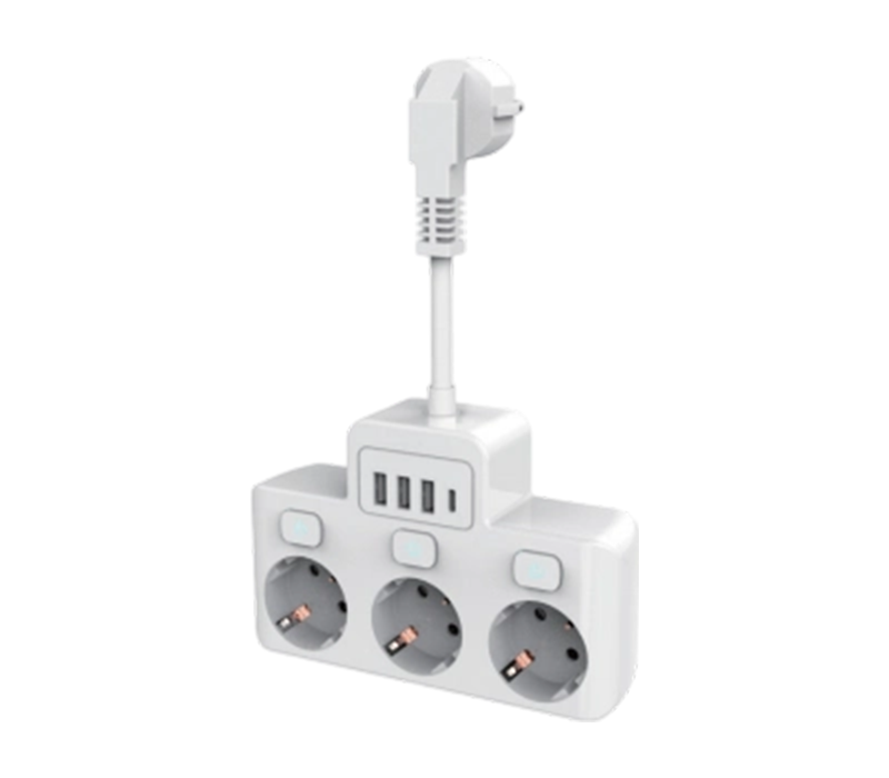 مشترك طاقة سلكي E14 مع 3 منافذ على الطراز الأوروبي، و3 منافذ USB-A، ومنفذ USB-C، مع مفتاح مستقل