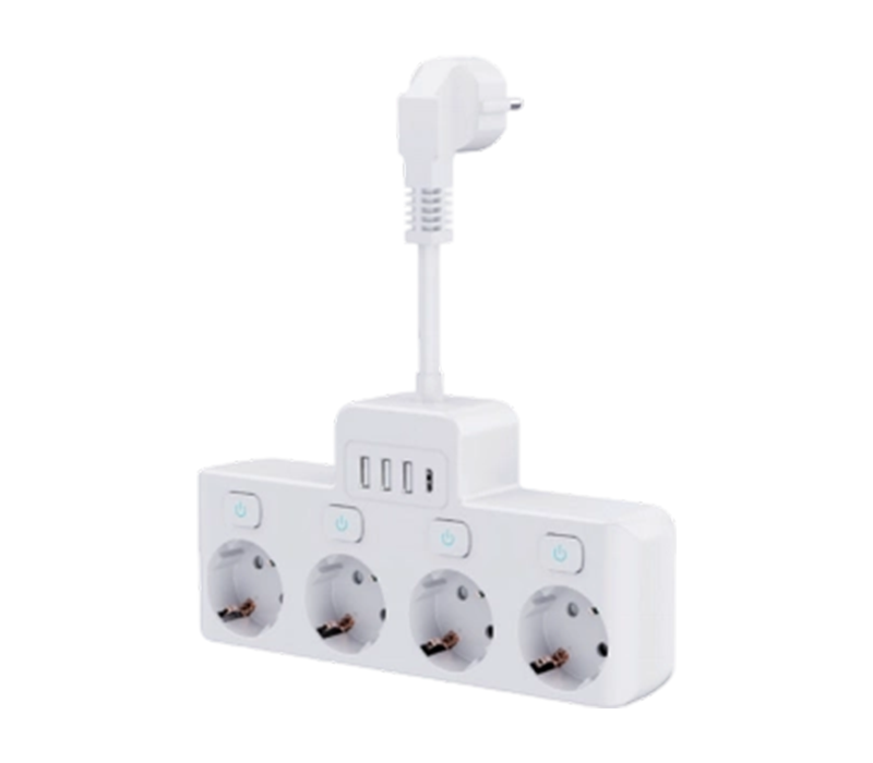 مشترك طاقة سلكي E14-4 مع 4 منافذ على الطراز الأوروبي، و3 منافذ USB-A، ومنفذ USB-C، مع مفتاح مستقل