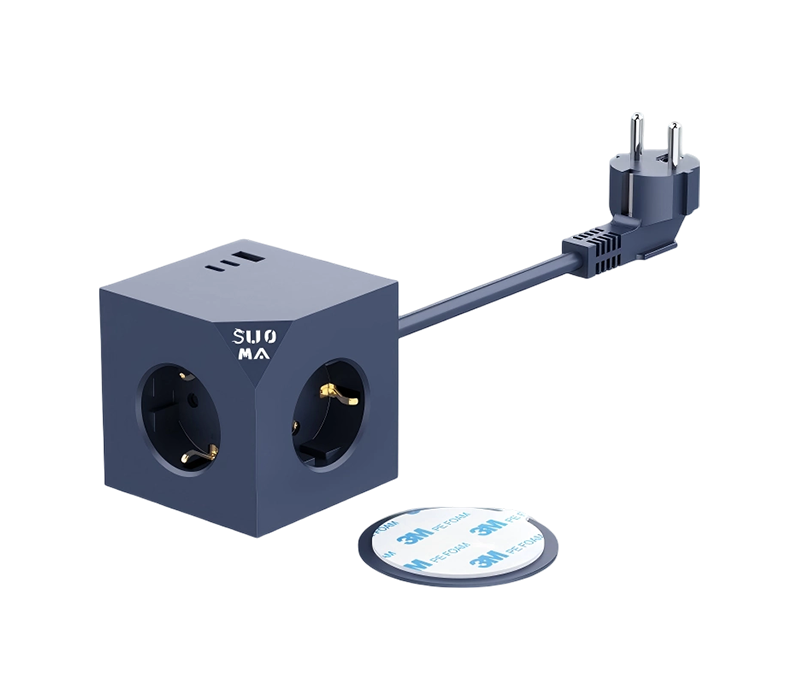 مشترك كهرباء مكعب E25 مزود بـ 3 منافذ على الطراز الأوروبي، ومنفذ USB-A، ومنفذين USB-C، مع ملصقات لاصقة بطول 3 أمتار