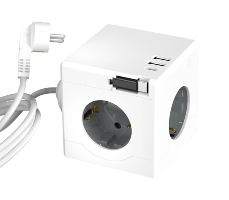 مشترك طاقة مكعب سلكي E16-D مع 3 منافذ على الطراز الأوروبي، ومنفذين USB-A، ومنفذ USB-C، يتميز بكابل شحن قابل للسحب