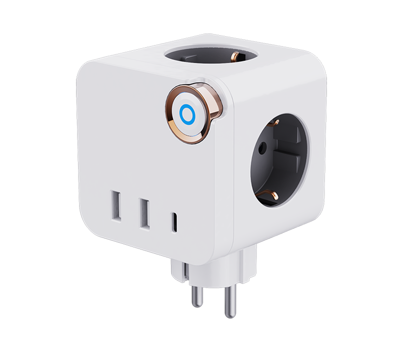 مشترك طاقة مكعب E19 مع 3 منافذ على الطراز الأوروبي، ومنفذين USB-A، ومنفذ USB-C، مع مفتاح
