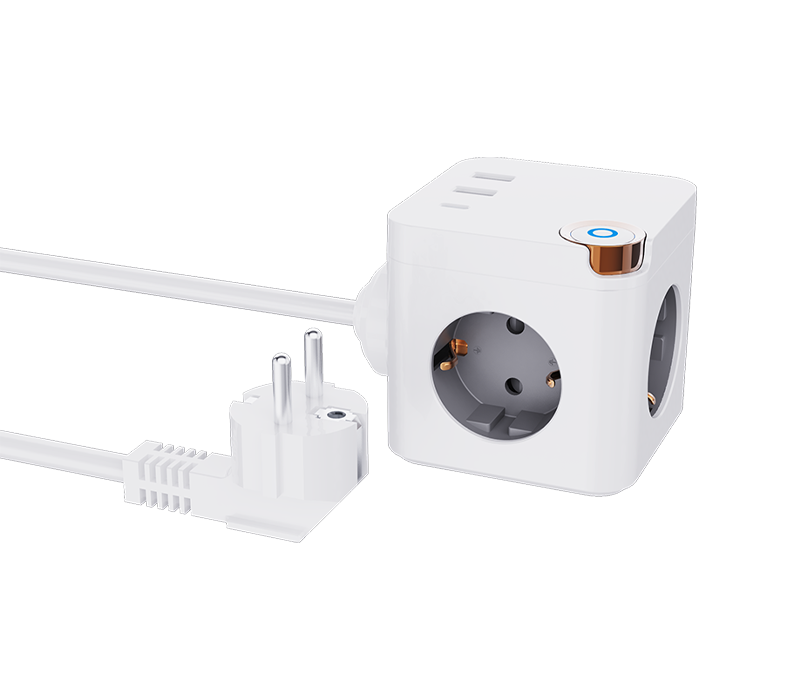 مشترك طاقة مكعب سلكي E20 مع 3 منافذ على الطراز الأوروبي، ومنفذين USB-A، ومنفذ USB-C، مع مفتاح